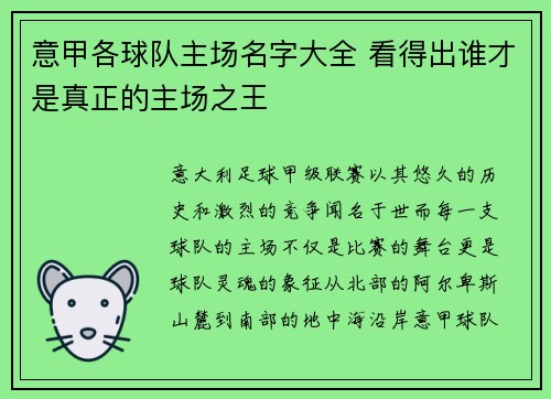 意甲各球队主场名字大全 看得出谁才是真正的主场之王